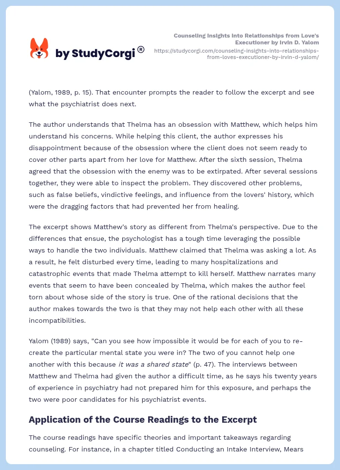 Counseling Insights into Relationships from Love's Executioner by Irvin D. Yalom. Page 2