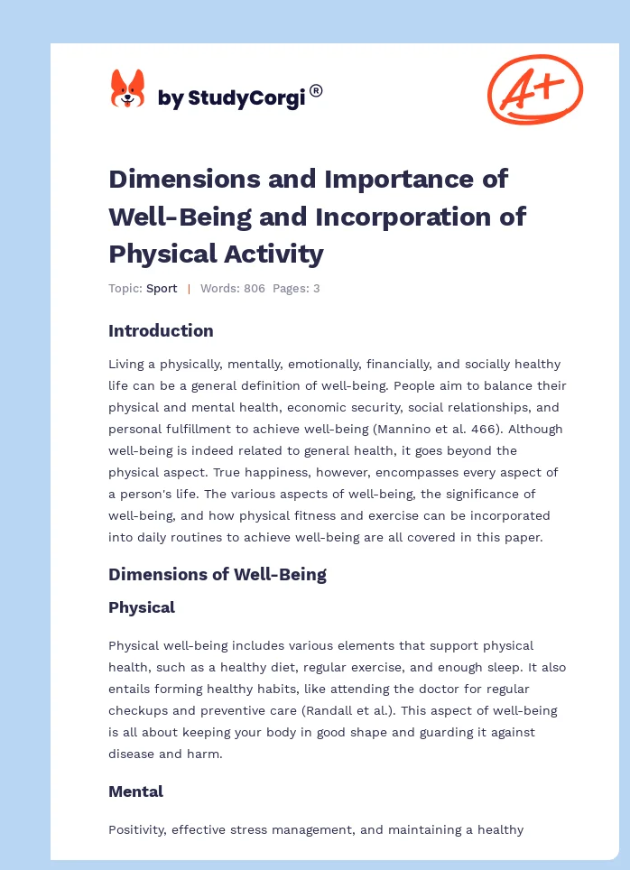 Dimensions and Importance of Well-Being and Incorporation of Physical Activity. Page 1