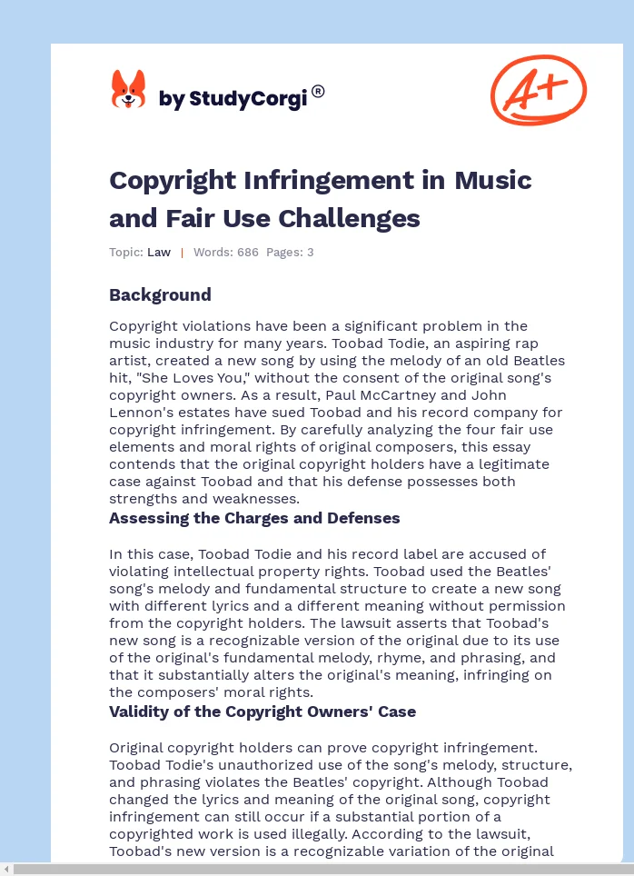 Copyright Infringement in Music and Fair Use Challenges. Page 1