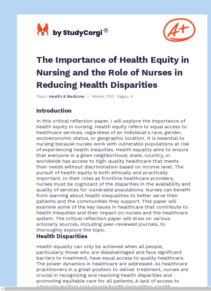 The Importance of Health Equity in Nursing and the Role of Nurses in Reducing Health Disparities. Page 1