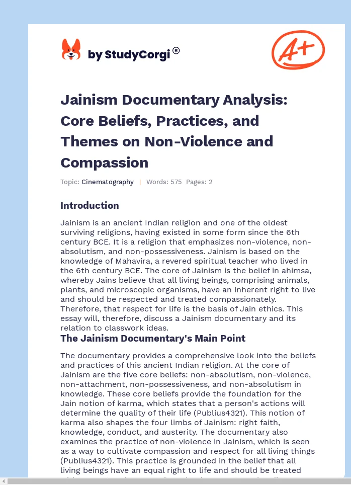 Jainism Documentary Analysis: Core Beliefs, Practices, and Themes on Non-Violence and Compassion. Page 1