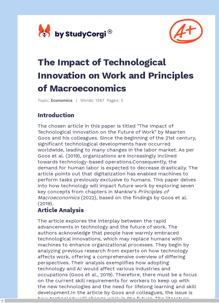 The Impact of Technological Innovation on Work and Principles of Macroeconomics. Page 1