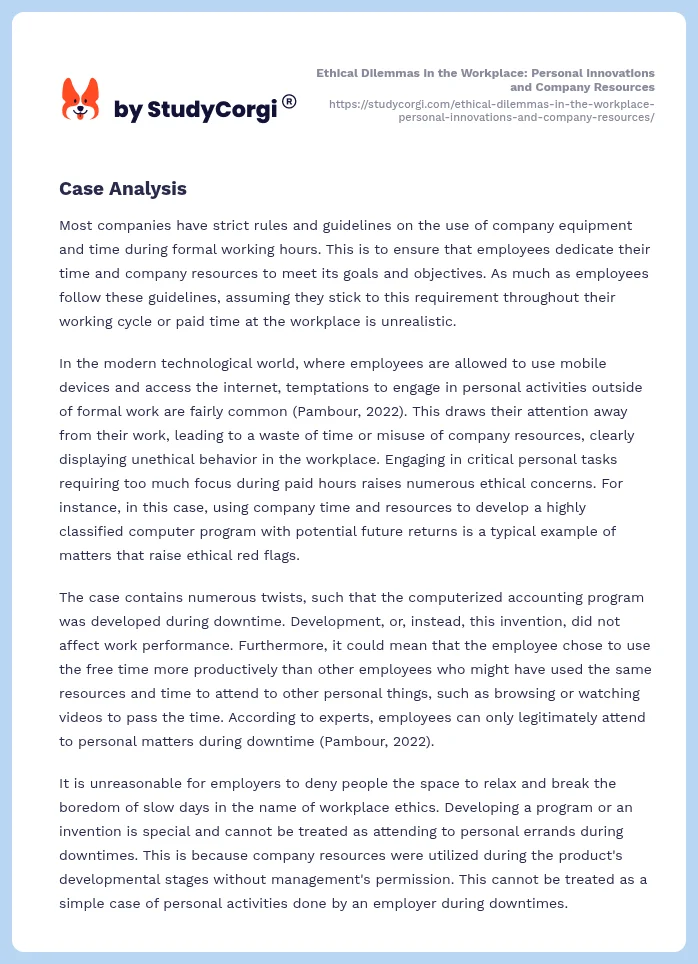 Ethical Dilemmas in the Workplace: Personal Innovations and Company Resources. Page 2
