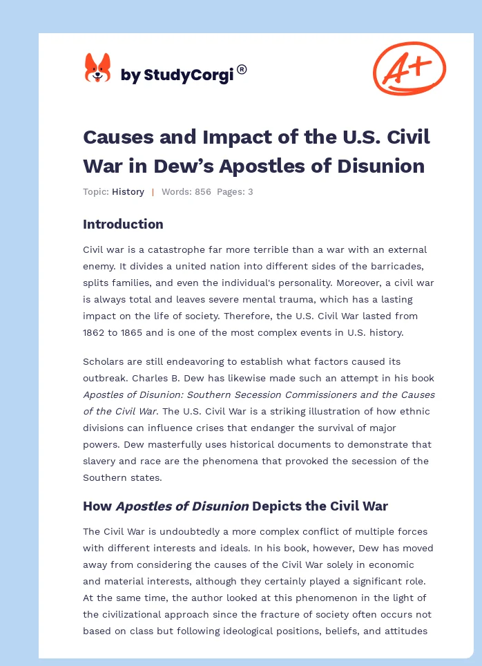 Causes and Impact of the U.S. Civil War in Dew’s Apostles of Disunion. Page 1