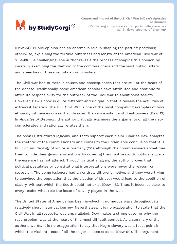Causes and Impact of the U.S. Civil War in Dew’s Apostles of Disunion. Page 2