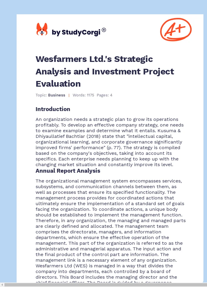Wesfarmers Ltd.'s Strategic Analysis and Investment Project Evaluation. Page 1