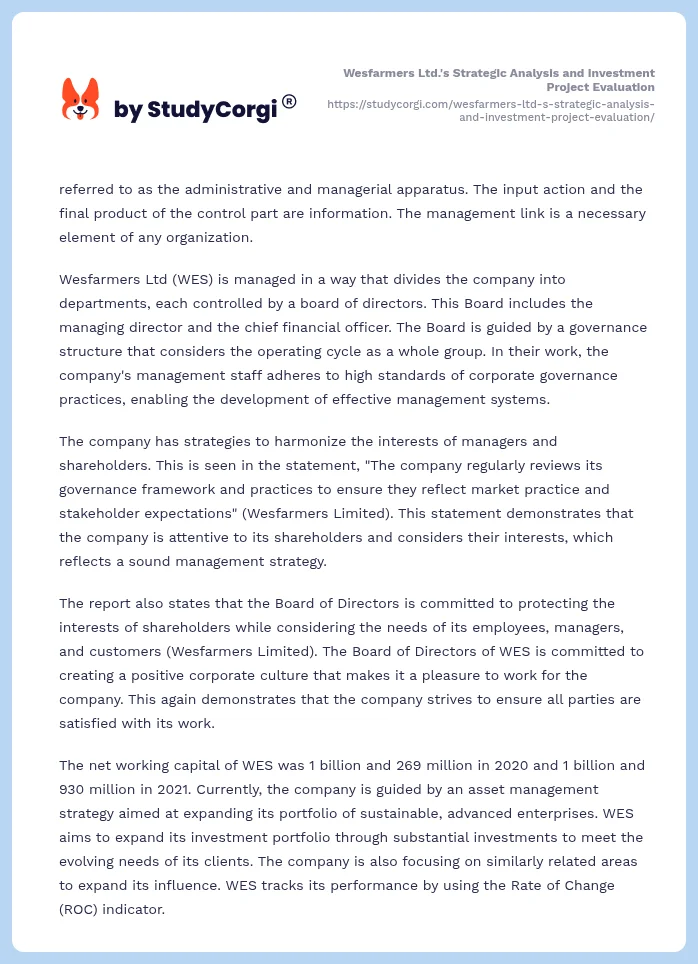 Wesfarmers Ltd.'s Strategic Analysis and Investment Project Evaluation. Page 2