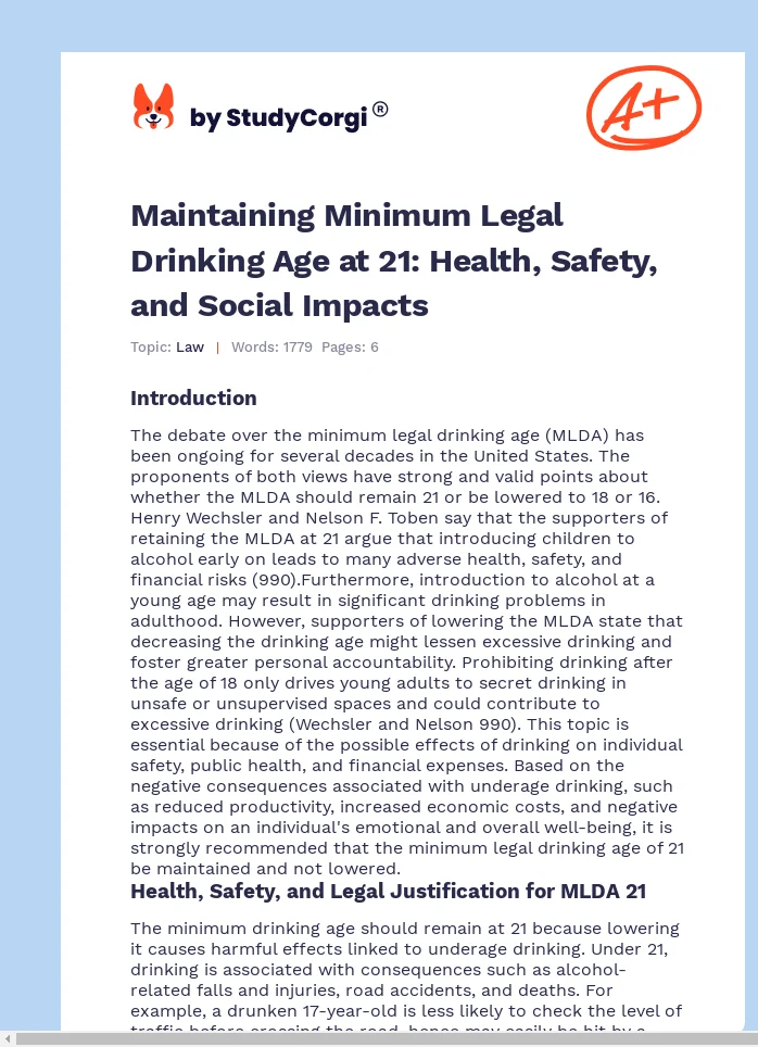 Maintaining Minimum Legal Drinking Age at 21: Health, Safety, and Social Impacts. Page 1