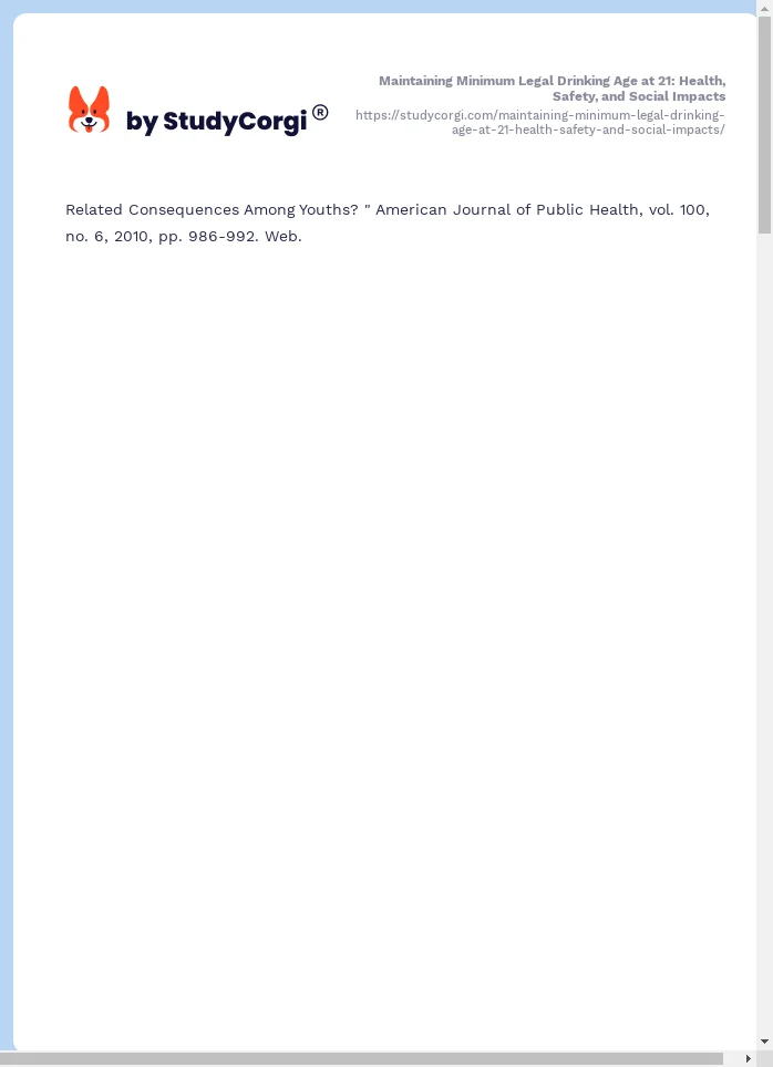 Maintaining Minimum Legal Drinking Age at 21: Health, Safety, and Social Impacts. Page 2