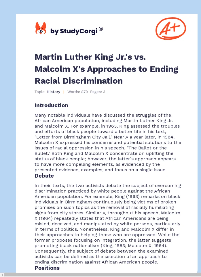 Martin Luther King Jr.'s vs. Malcolm X's Approaches to Ending Racial Discrimination. Page 1
