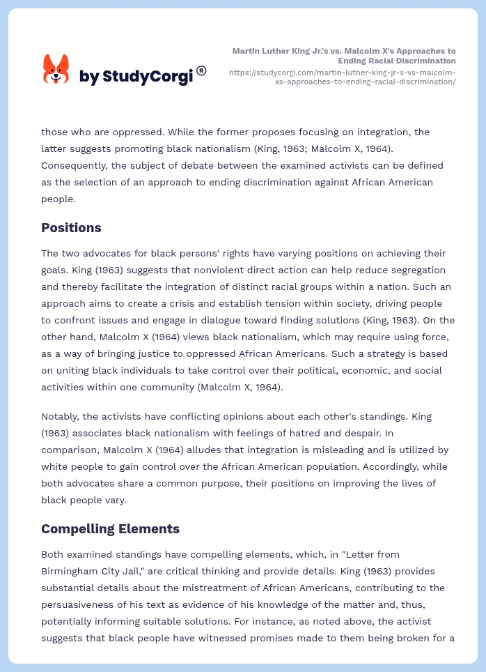 Martin Luther King Jr.'s vs. Malcolm X's Approaches to Ending Racial Discrimination. Page 2