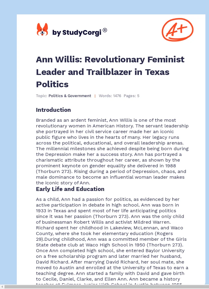 Ann Willis: Revolutionary Feminist Leader and Trailblazer in Texas Politics. Page 1
