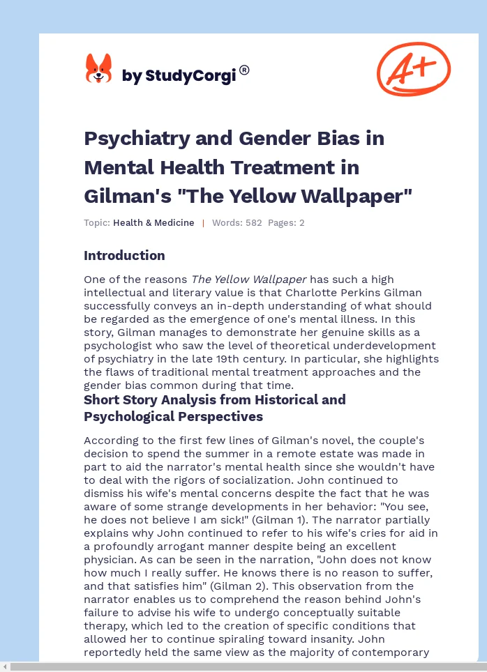 Psychiatry and Gender Bias in Mental Health Treatment in Gilman's "The Yellow Wallpaper". Page 1