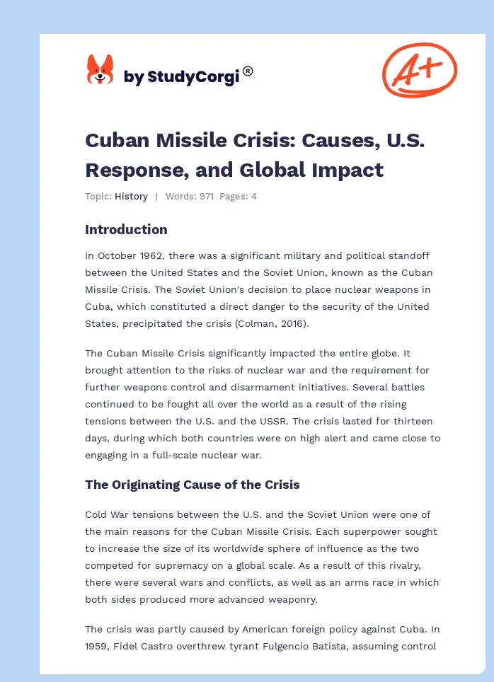 Cuban Missile Crisis: Causes, U.S. Response, and Global Impact. Page 1