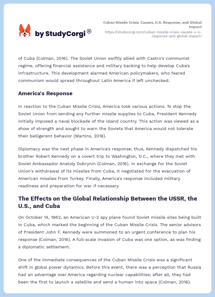 Cuban Missile Crisis: Causes, U.S. Response, and Global Impact. Page 2