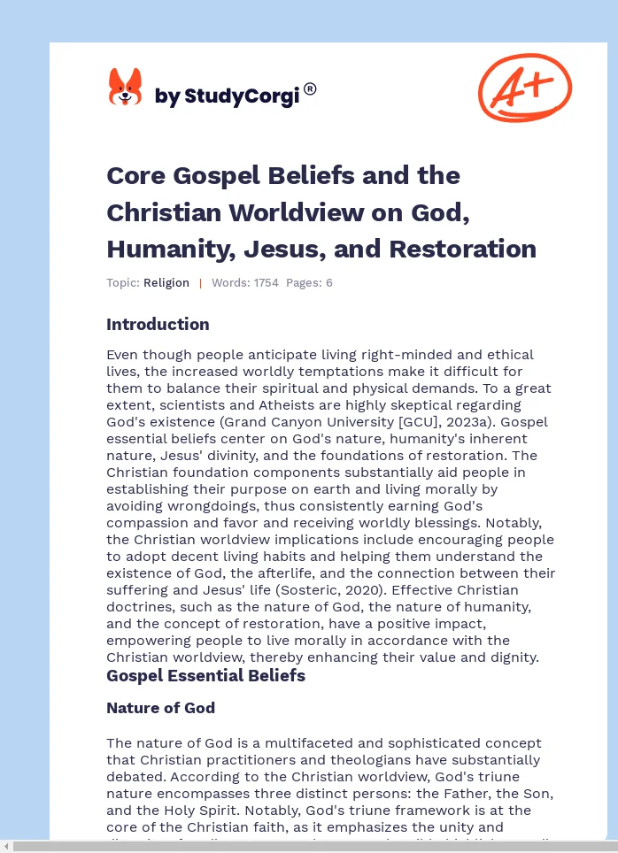 Core Gospel Beliefs and the Christian Worldview on God, Humanity, Jesus, and Restoration. Page 1