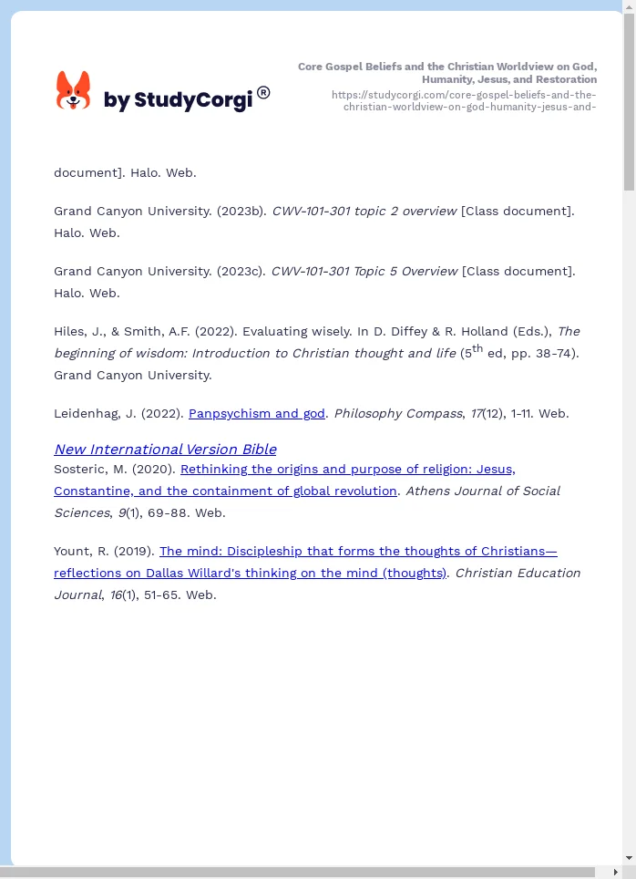 Core Gospel Beliefs and the Christian Worldview on God, Humanity, Jesus, and Restoration. Page 2