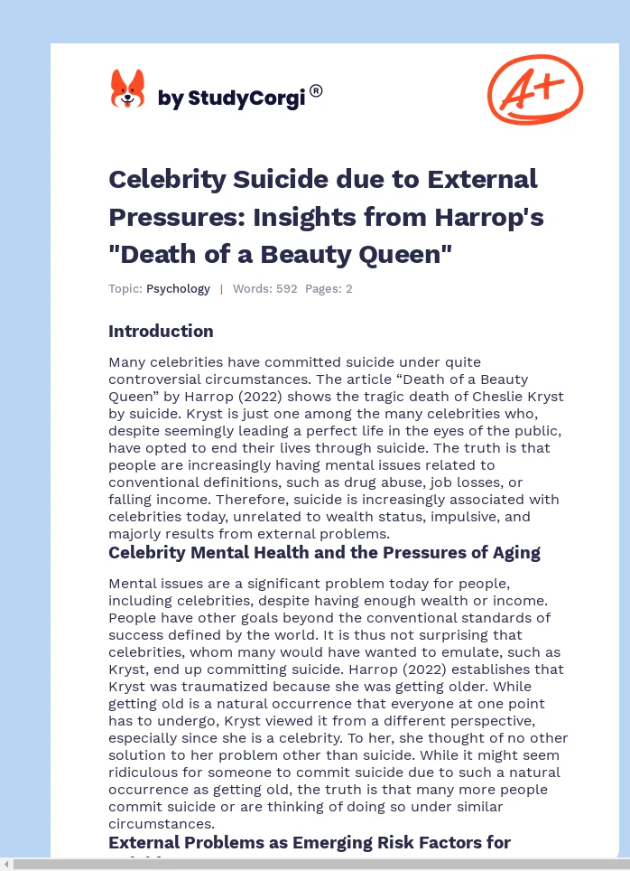 Celebrity Suicide due to External Pressures: Insights from Harrop's "Death of a Beauty Queen". Page 1