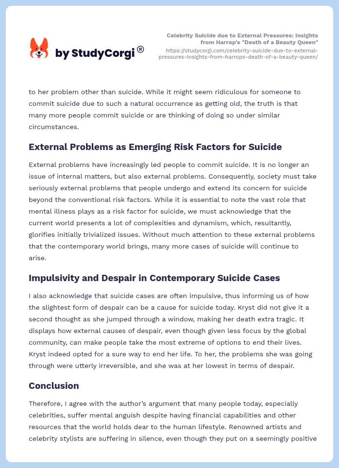 Celebrity Suicide due to External Pressures: Insights from Harrop's "Death of a Beauty Queen". Page 2