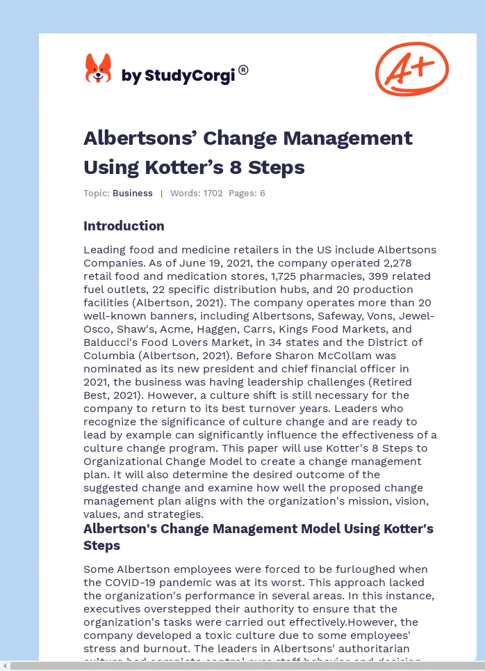 Albertsons’ Change Management Using Kotter’s 8 Steps. Page 1