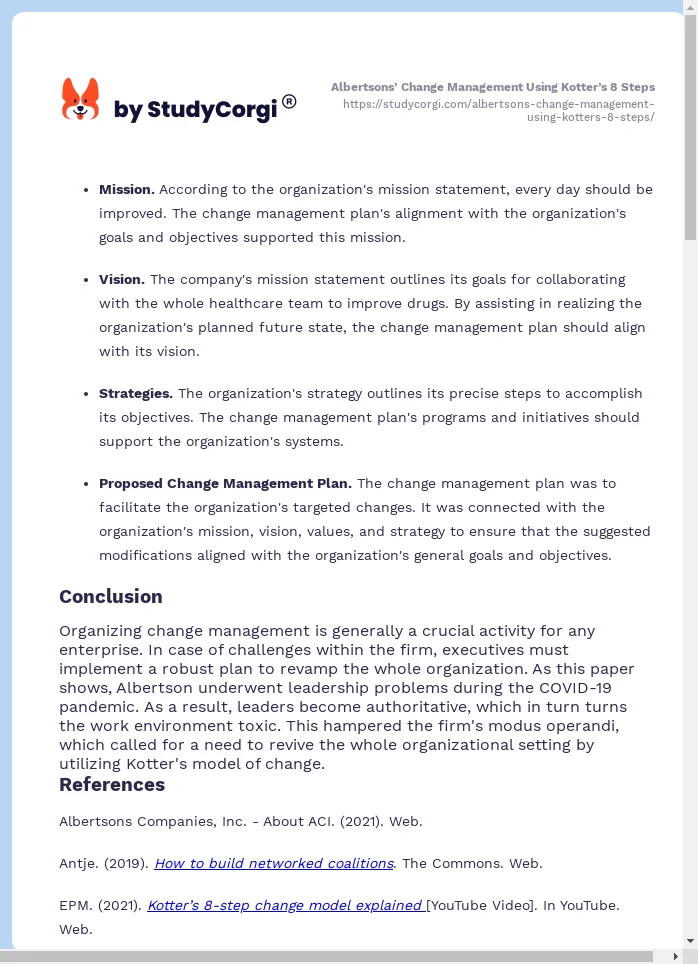 Albertsons’ Change Management Using Kotter’s 8 Steps. Page 2