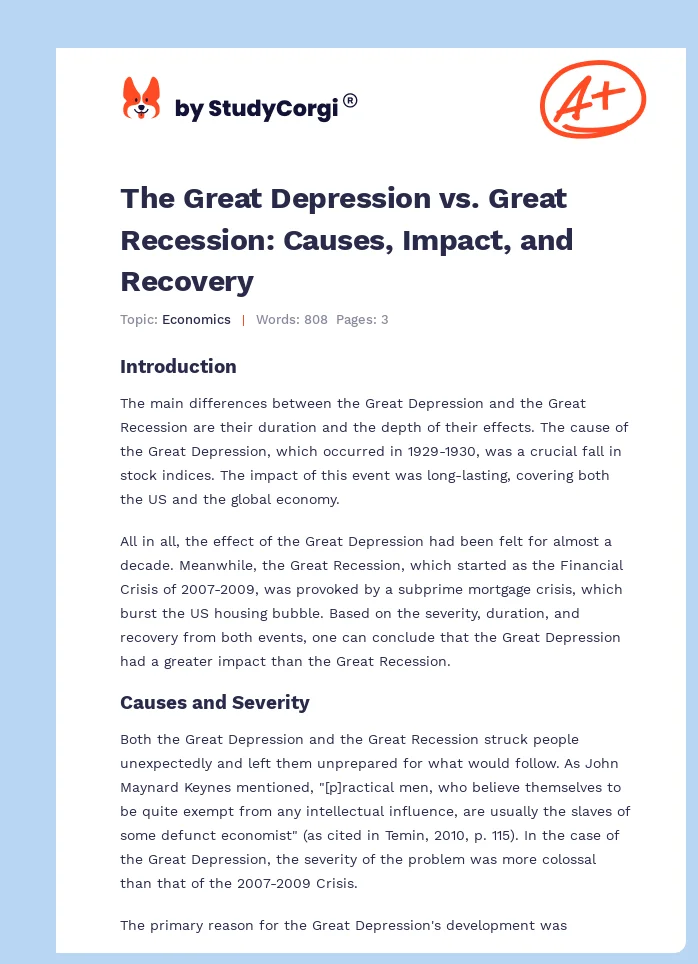 The Great Depression vs. Great Recession: Causes, Impact, and Recovery. Page 1