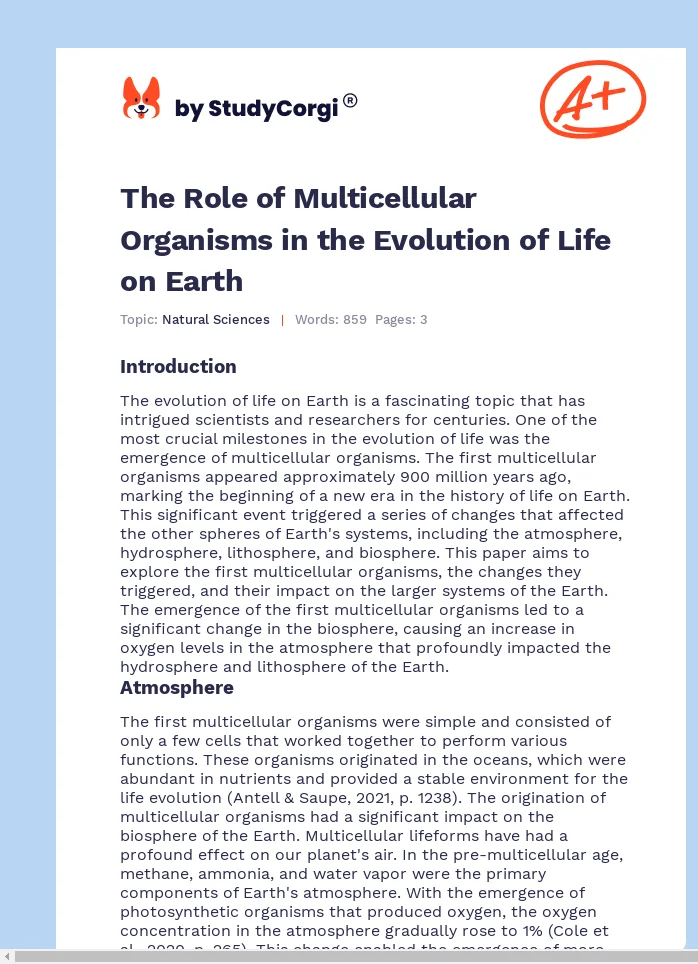 The Role of Multicellular Organisms in the Evolution of Life on Earth. Page 1