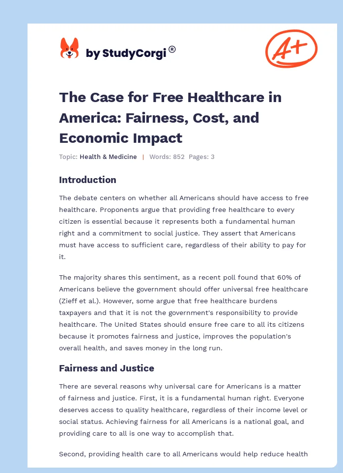 The Case for Free Healthcare in America: Fairness, Cost, and Economic Impact. Page 1