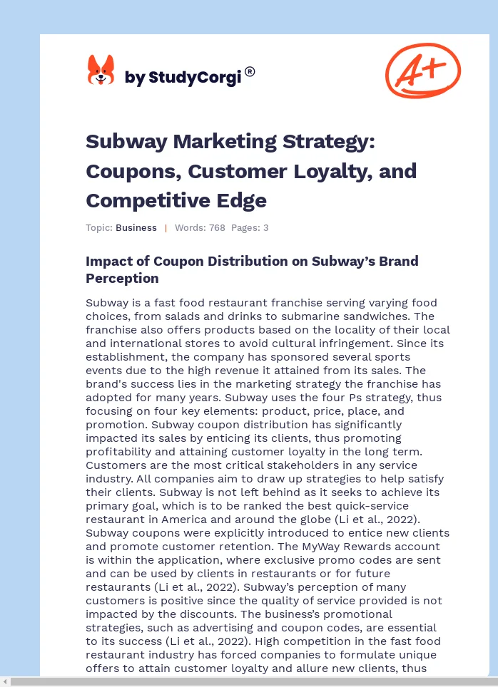 Subway Marketing Strategy: Coupons, Customer Loyalty, and Competitive Edge. Page 1