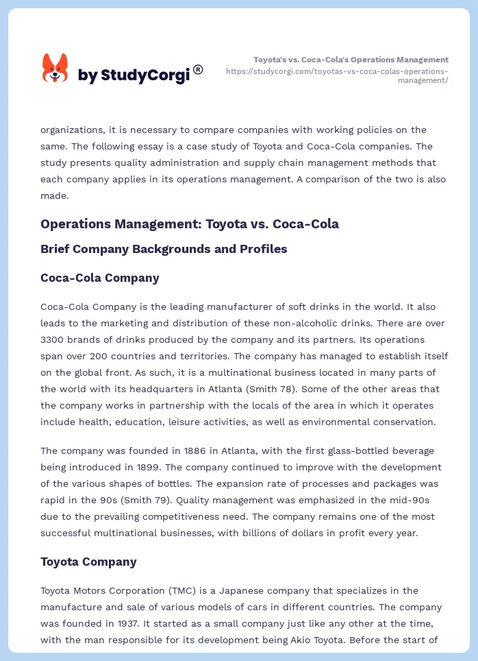 Toyota's vs. Coca-Cola's Operations Management. Page 2