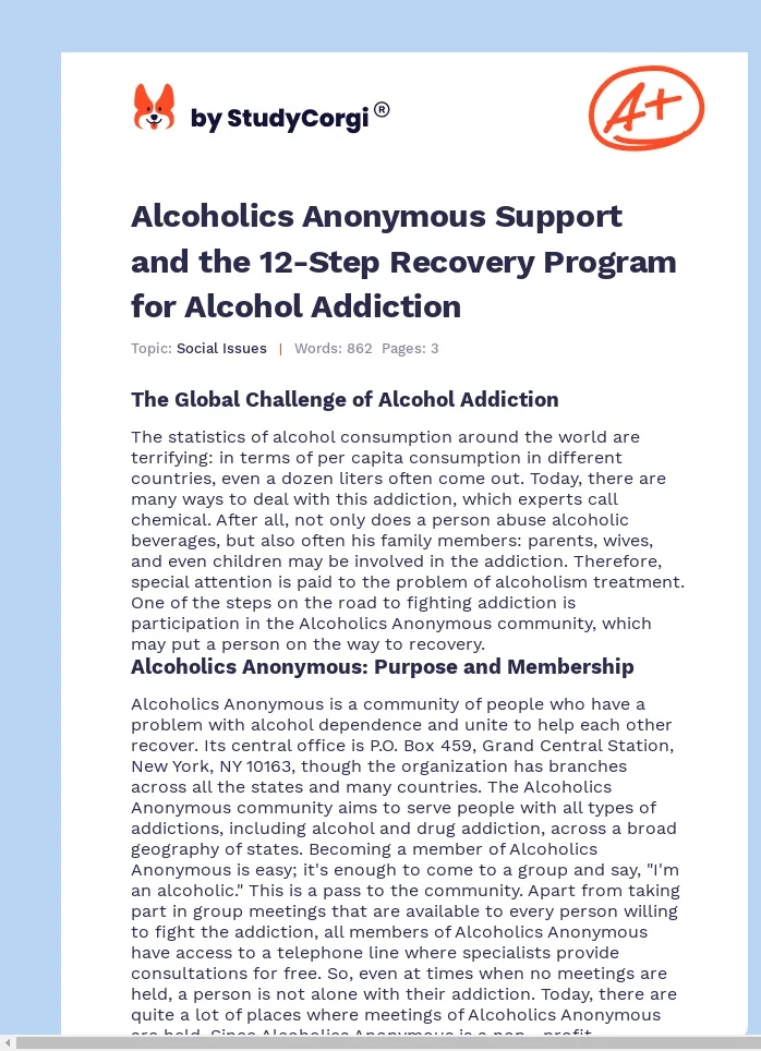 Alcoholics Anonymous Support and the 12-Step Recovery Program for Alcohol Addiction. Page 1