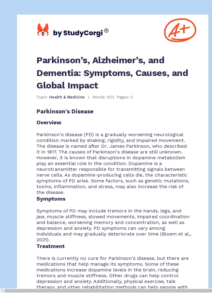 Parkinson’s, Alzheimer’s, and Dementia: Symptoms, Causes, and Global Impact. Page 1