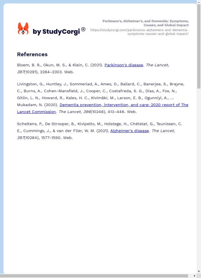 Parkinson’s, Alzheimer’s, and Dementia: Symptoms, Causes, and Global Impact. Page 2