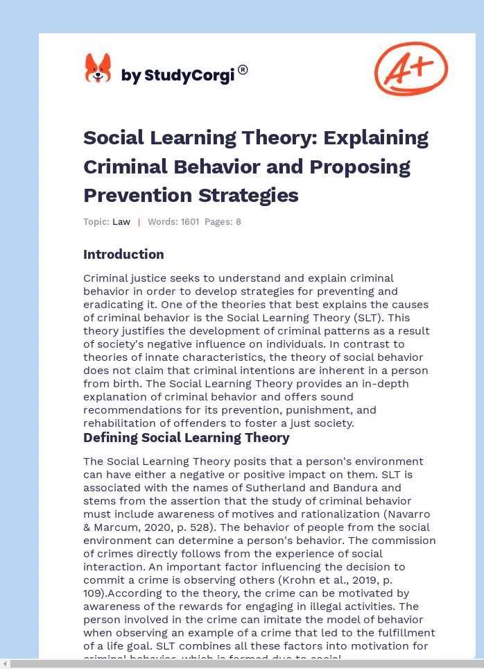 Social Learning Theory: Explaining Criminal Behavior and Proposing Prevention Strategies. Page 1