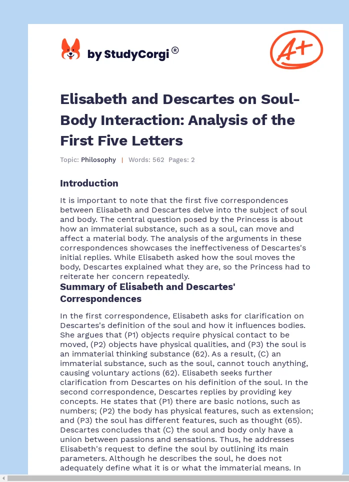 Elisabeth and Descartes on Soul-Body Interaction: Analysis of the First Five Letters. Page 1