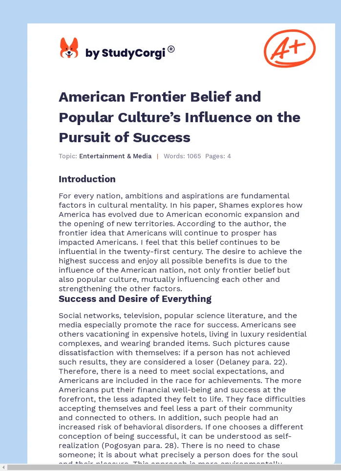 American Frontier Belief and Popular Culture’s Influence on the Pursuit of Success. Page 1