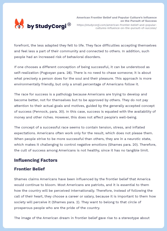 American Frontier Belief and Popular Culture’s Influence on the Pursuit of Success. Page 2