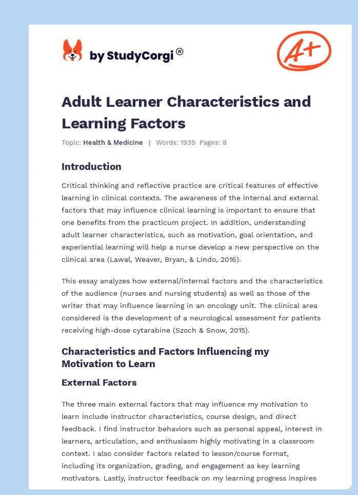 Adult Learner Characteristics and Learning Factors. Page 1
