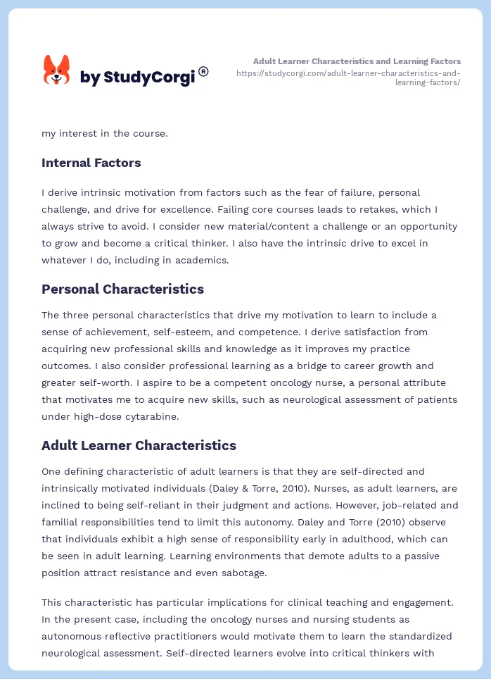 Adult Learner Characteristics and Learning Factors. Page 2