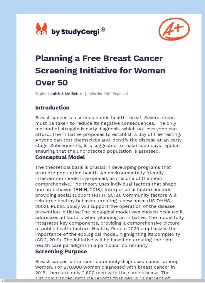 Planning a Free Breast Cancer Screening Initiative for Women Over 50. Page 1