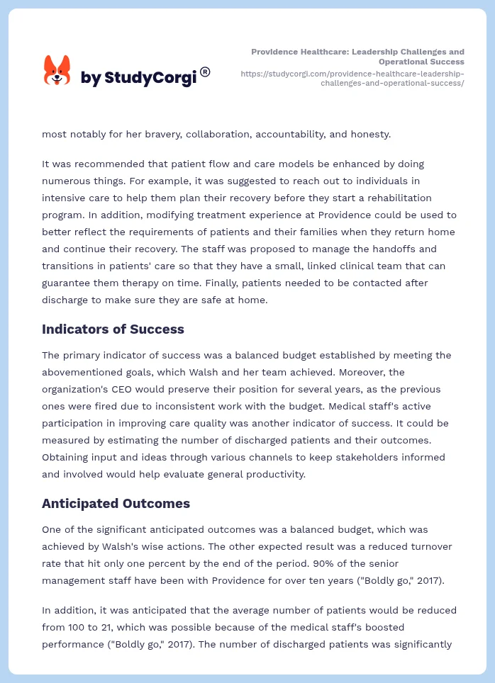 Providence Healthcare: Leadership Challenges and Operational Success. Page 2