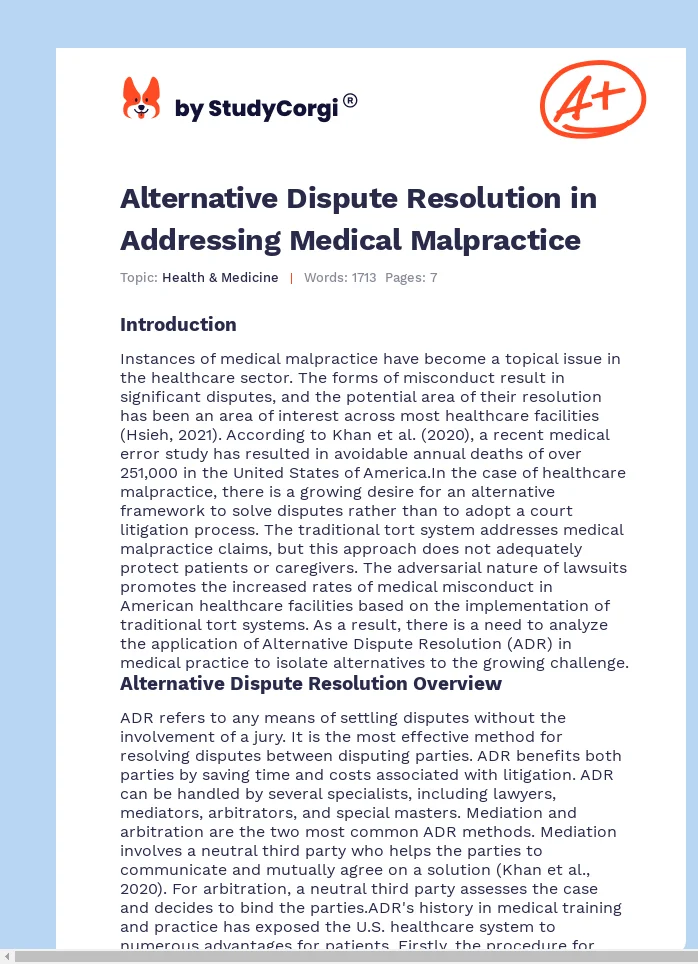 Alternative Dispute Resolution in Addressing Medical Malpractice. Page 1