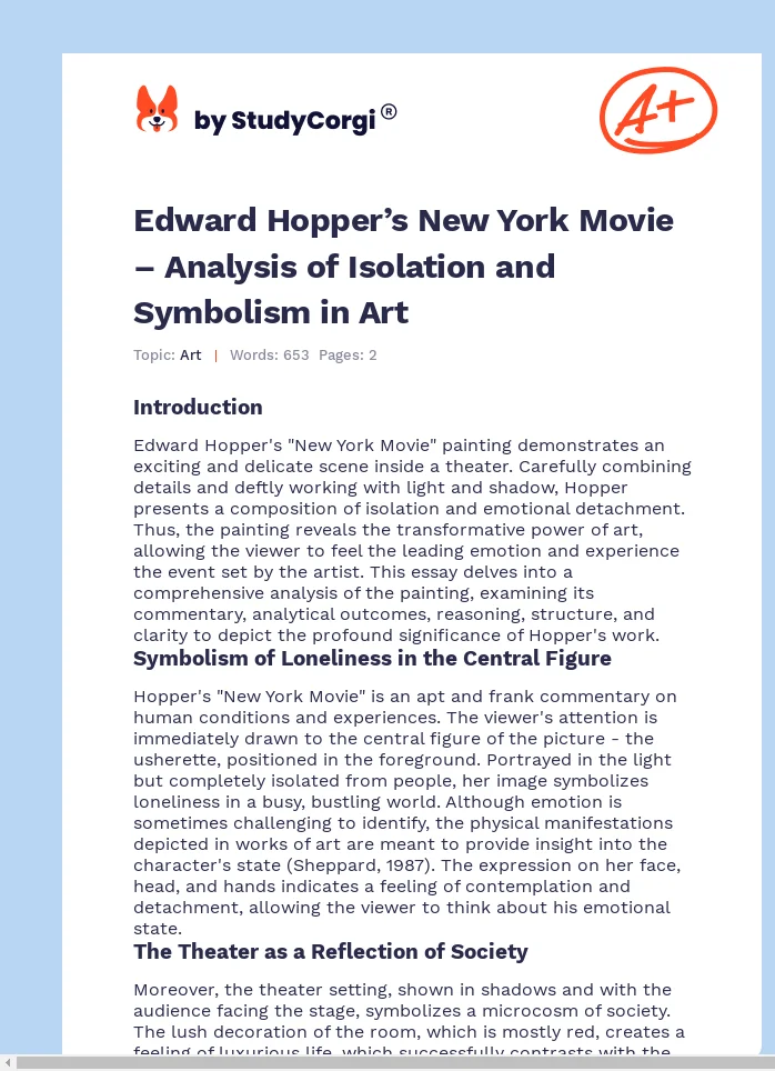 Edward Hopper’s New York Movie – Analysis of Isolation and Symbolism in Art. Page 1