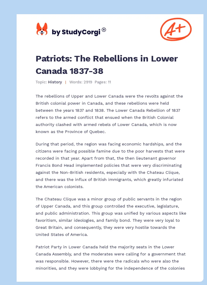 Patriots: The Rebellions in Lower Canada 1837-38. Page 1