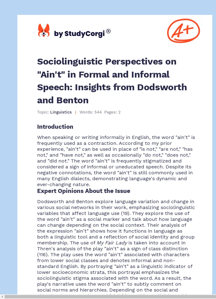 Sociolinguistic Perspectives on "Ain't" in Formal and Informal Speech: Insights from Dodsworth and Benton. Page 1
