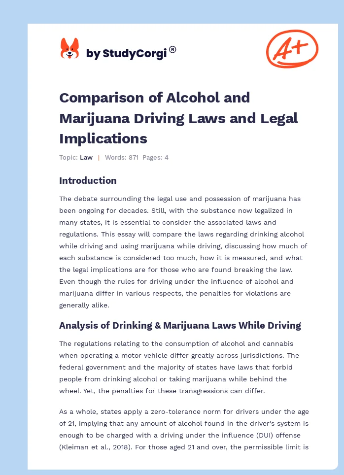 Comparison of Alcohol and Marijuana Driving Laws and Legal Implications. Page 1