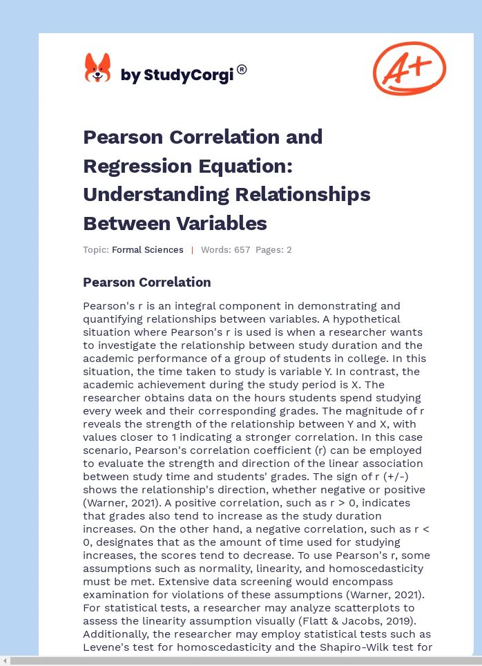Pearson Correlation and Regression Equation: Understanding Relationships Between Variables. Page 1