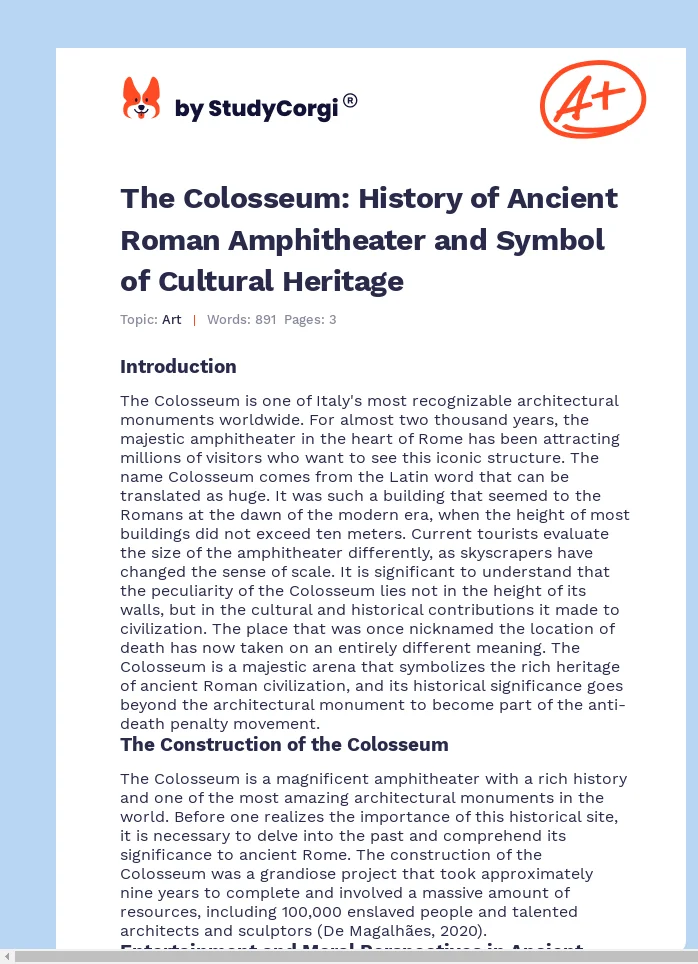 The Colosseum: History of Ancient Roman Amphitheater and Symbol of Cultural Heritage. Page 1