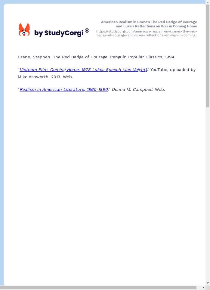 American Realism in Crane’s The Red Badge of Courage and Luke’s Reflections on War in Coming Home. Page 2