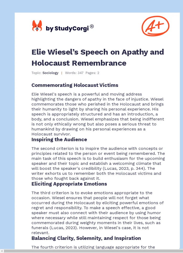 Elie Wiesel’s Speech on Apathy and Holocaust Remembrance. Page 1